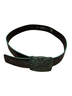 Belt Shak Leather Belt Large Tooled Flower Buckle Brown Made in Canada See desc.